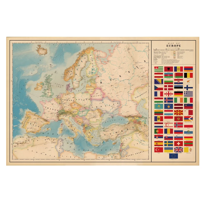 Europa Mappa Con Bandiera Nazionale Formato Poster Decorazione Della Parete Di Grandi Mappa Di Europa 80X53 Impermeabile Della Tela Di Canapa Mappa