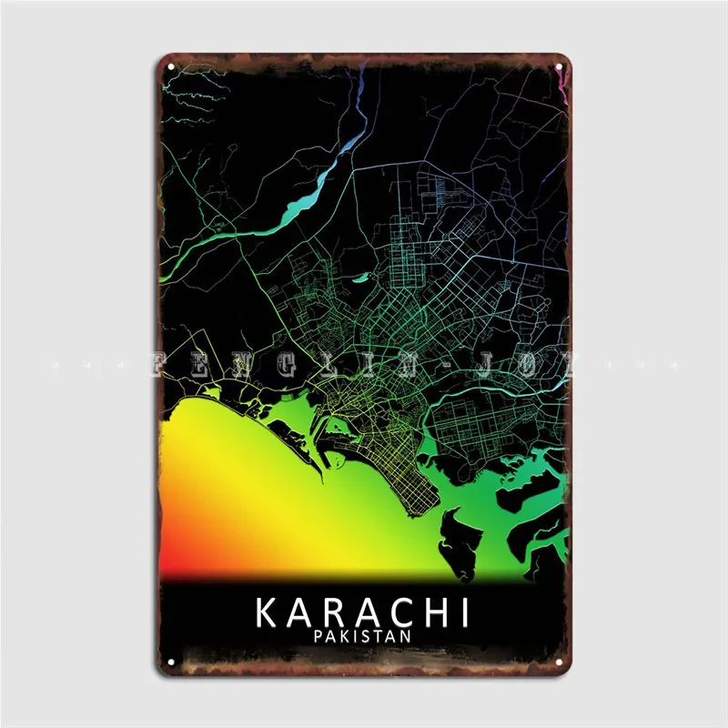 Karachi Rainbow City Map Metal Sign Cinema Garage Decoration Pub Garage Wall Decor Tin Sign Poster