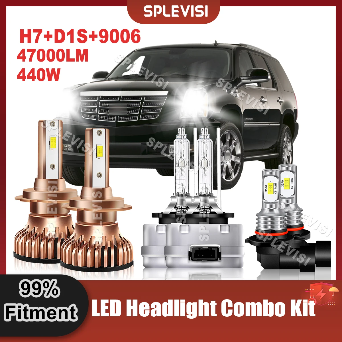 Aggiornamento Luci Auto Led H7 High Beam + D1S Xenon Low Beam + 9006 Lampadine Fendinebbia Kit Bianco Puro 6000K Per Cadillac Escalade 2007 2008