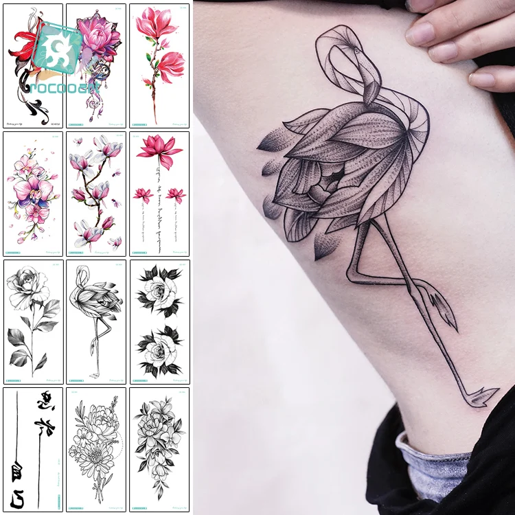 Rocooart Nero Flamingo Del Tatuaggio Fiore Taty Rosa Del Tatuaggio Di Falsificazione Di Orchidea Loto Tatuagem Di Arte Di Corpo Impermeabile Tatuaggio