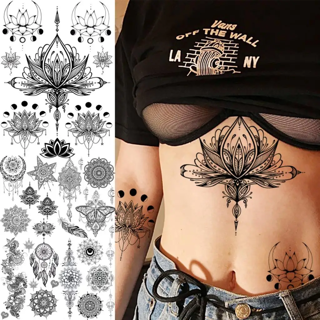 Ciondolo Loto Nero Vita Sexy Tatuaggi Temporanei Per Le Donne Adulto Underboob Farfalla Falso Tatuaggio Adesivo 3D Tatoo Paper