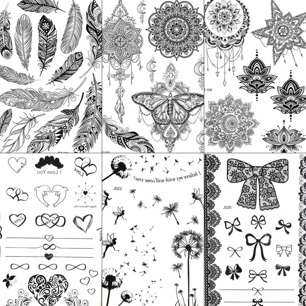 Fanrui Dandelion Lace Feather Black Henna Temporary Tattoo Sticker Mehndi Lotus Fake Tatoo Waterproof Mandala Flower Tattoo Arm