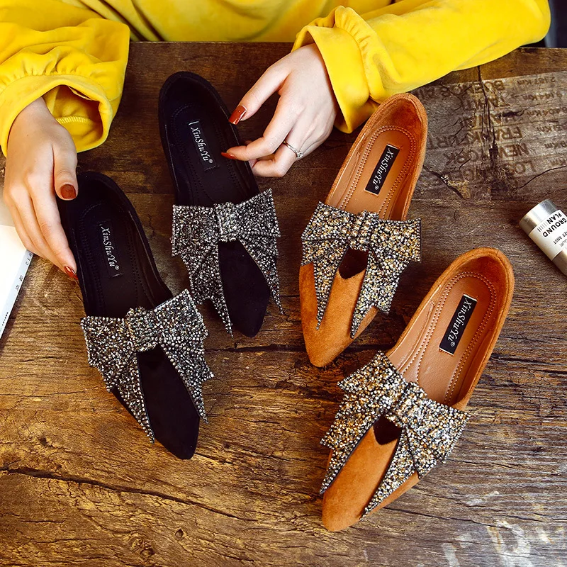 Mocassini Casual Con Punta A Punta Donna Nodo A Farfalla Floccato Scarpe Basse Da Donna Slip On Calzature Nere Scarpe Comode