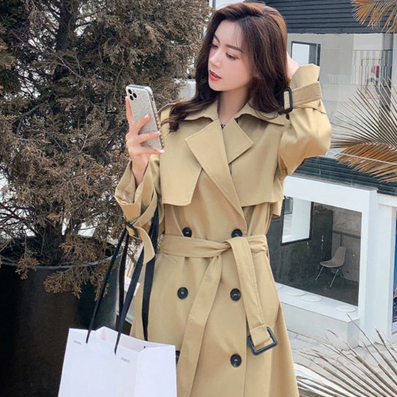2024 Donne Trench Coat Autunno Vestiti Lungo Giacca A Vento Cappotto Top Trench Donna Tinta Unita Inverno Doppio Petto Bottone