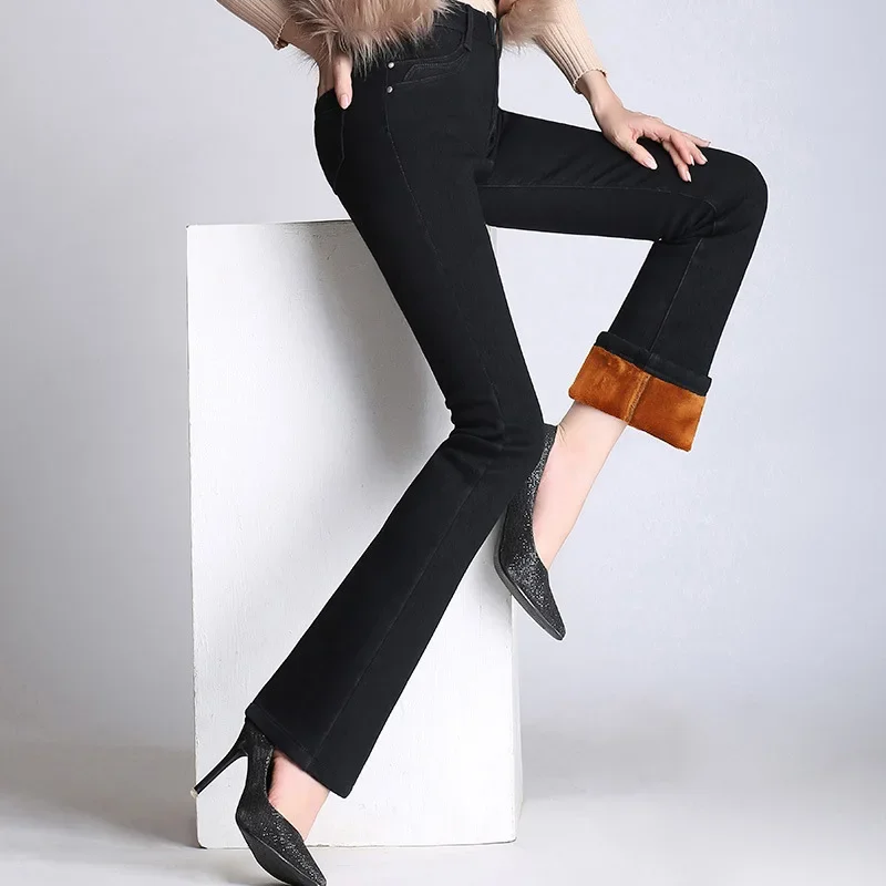 Jeans Donna A Vita Alta Donna 2023 Inverno Caldo Pile Spessa Donna Denim Flare Jeans Per Mamma Nero Jean Femme Donna Clothe Z278