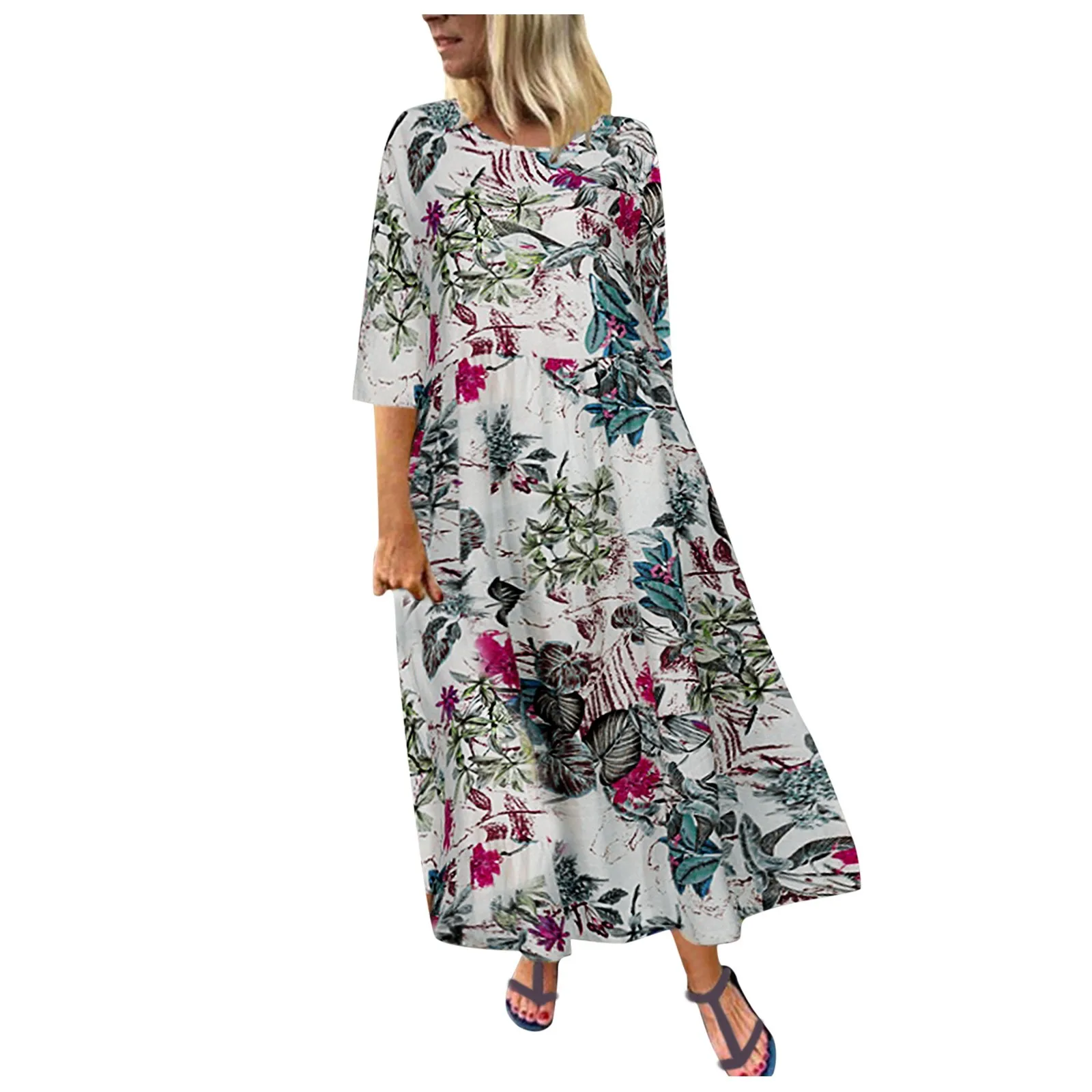 2021 Abito Lungo Moda Donna Casual 3/4 Manica Floreale Stampato Sundress Holiday Bohemian Loose Maxi Dress Vestiti Donna Vestido