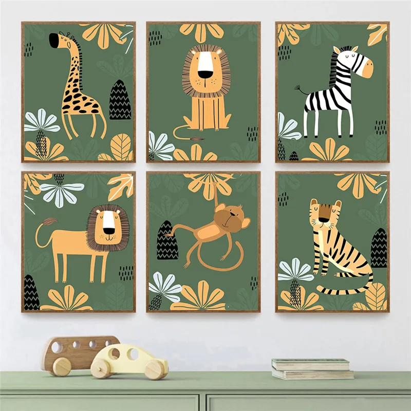 Animal Poster Zebra Lion Tiger Giraffa Safari Monkey Canvas Painting Nursery Wall Art Kids Baby Room Decoration Home Decor