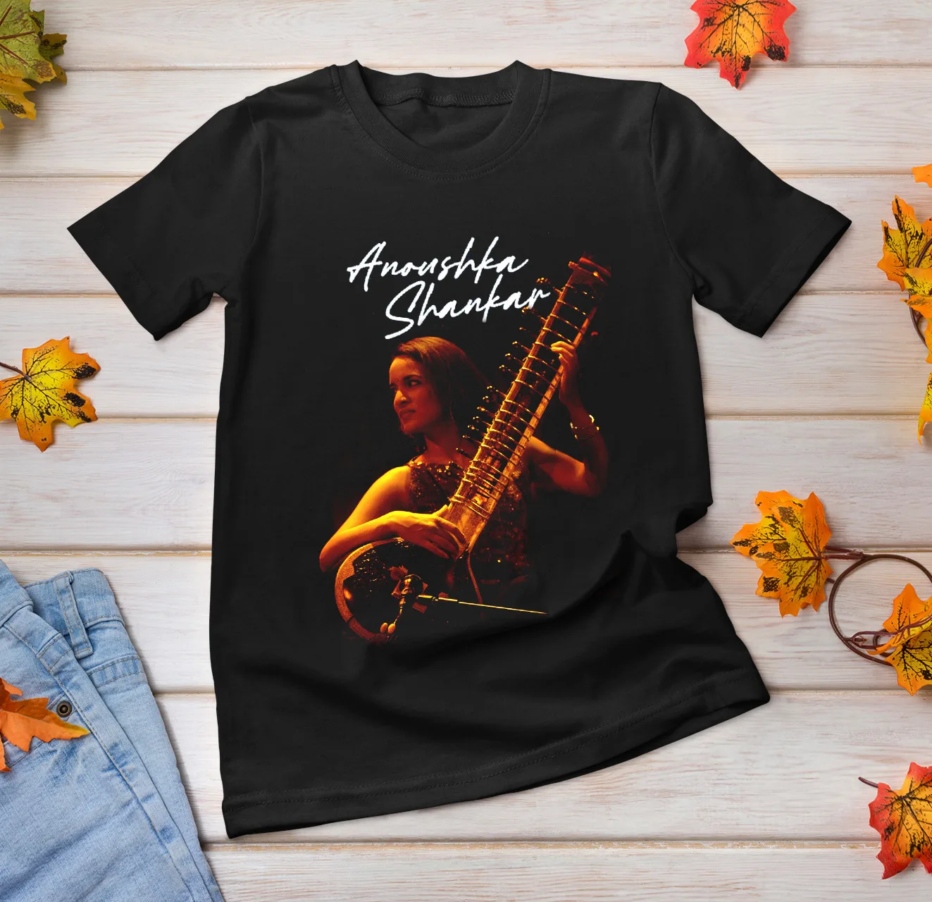 Nuova Camicia Anoushka Shankar E Sitar Manica Corta Nera A Maniche Lunghe Fa615