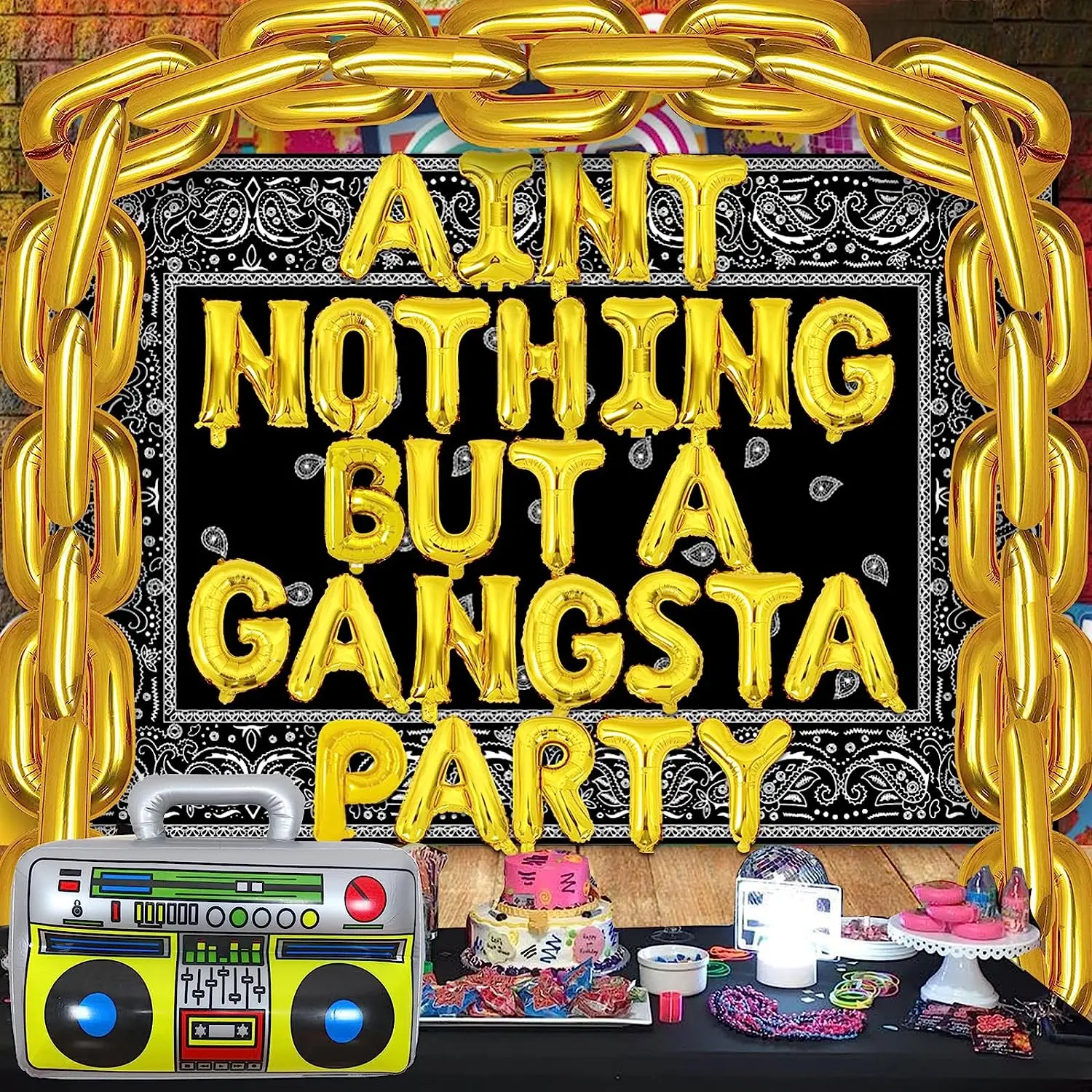 Aint Whut A Gangsta Party Decoration Gold Number 0 Foil Balloons Chain Gangsta Turban Fondale Per La Festa Di Compleanno Hip Hop