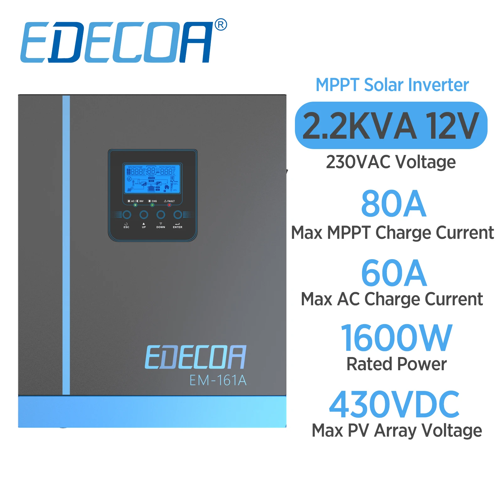 Inverter Solare Ibrido Edecoa 12V 220V 230V 2.2Kva 1600W Integrato 80A Mppt Regolatore Del Caricatore Solare Onda Sinusoidale Pura Pv 90-430Vdc