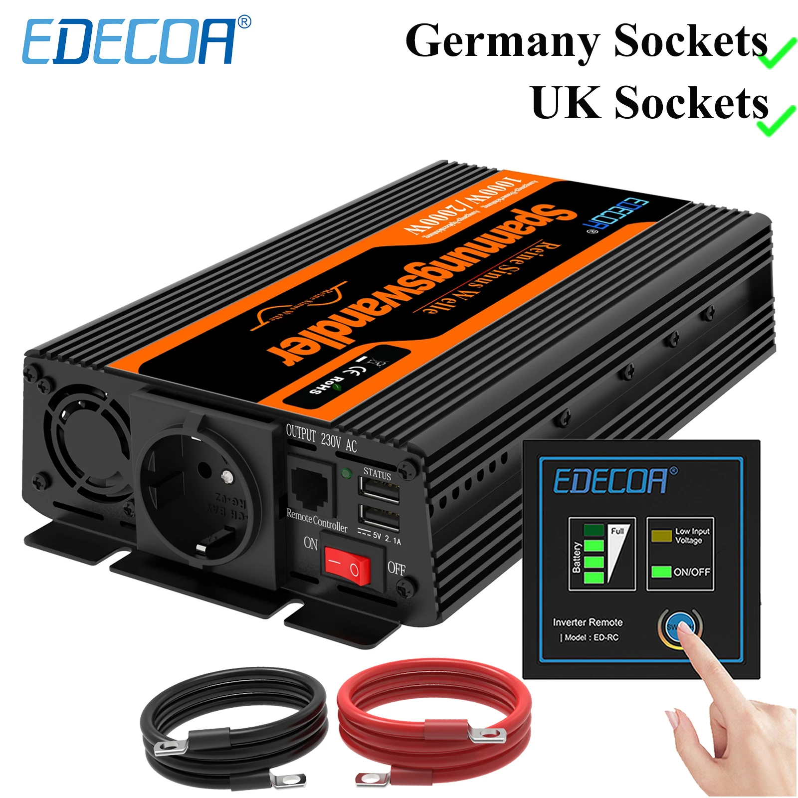 1000W Inverter Onda Pura Edecoa Dc 12V A Ca 230V 240V Off Grid Car Truck Camper Convertitore Di Potenza Spina Ue Da 12V A 220V Inverter Inverter Onda 