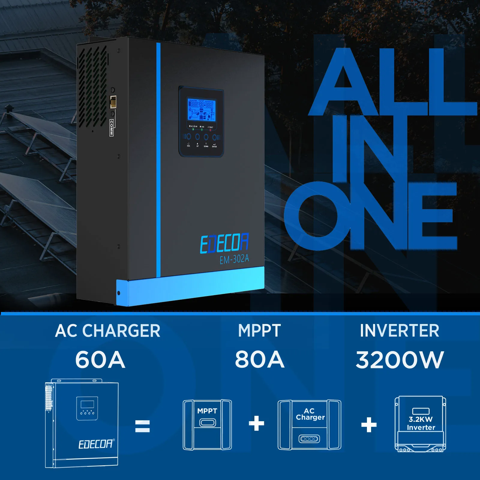 Inverter Ibrido Edecoa 24V 3.2Kva 3000W 220V 230V Integrato 80A Mppt Regolatore Del Caricatore Solare Onda Sinusoidale Pura Per Batteria Lifepo4