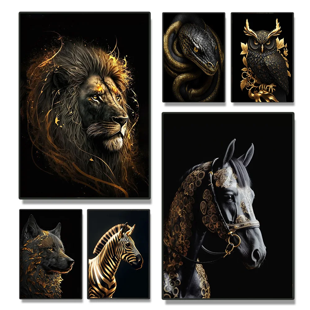 Animali Neri E Dorati Su Tela Poster E Stampe Leone Cavallo Fashion Art Paintings On The Wall Art Eagle Pictures Home Decor