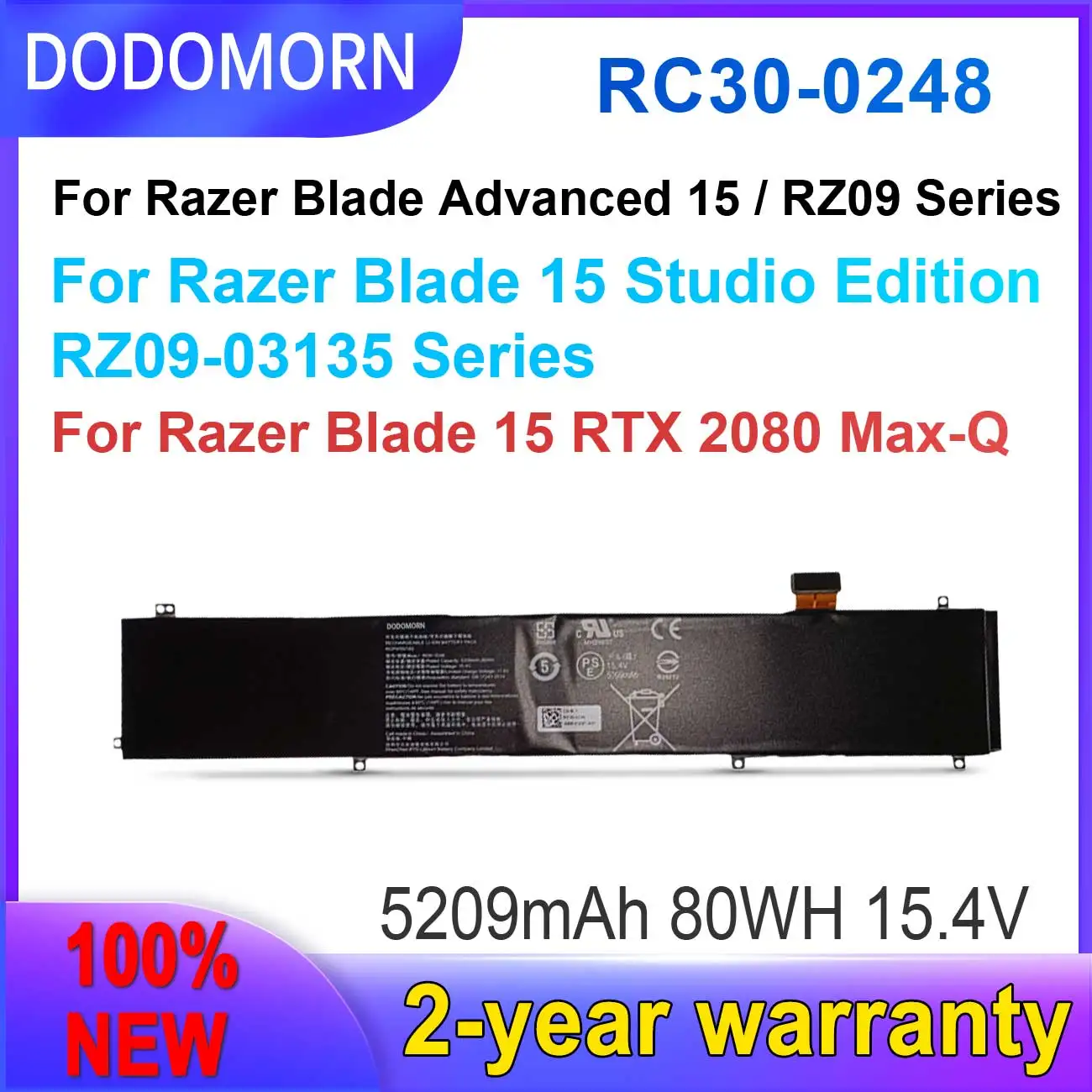 Dodomorn Nuova Batteria Rc30-0248 Per Razer Blade Stealth 15 2018 2019 2020 2021 Rtx 2060 2070 2080 Rz09-02385 Rz09-02386