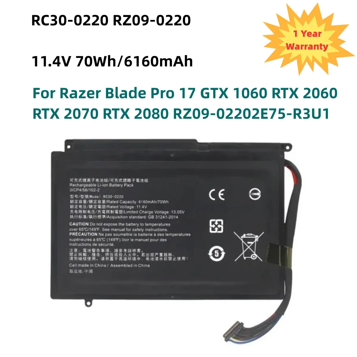 Rc30-0220 Rz09-0220 Batteria Per Razer Blade Pro 17 Gtx 1060 Rtx 2060 Rtx 2070 Rtx 2080 Rz09-02202E75-R3U1 11.4V 70Wh