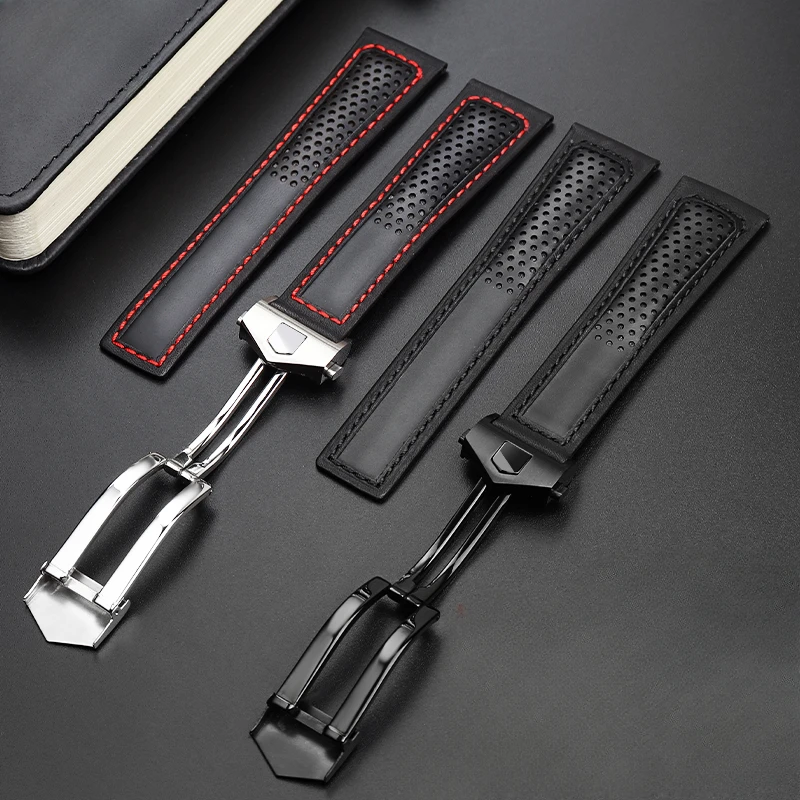 Per Tag Heuer Competitivo Monaco F1 Fold Buckle Foro Traspirante Primo Strato In Pelle Di Vacchetta Con Cinturino Per Orologio Da Uomo 22Mm