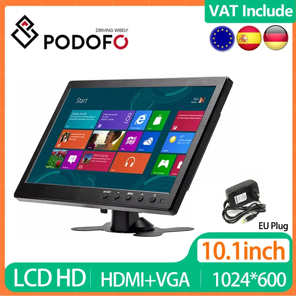Podofo 10.1 "Monitor Portatile Mini Tv Computer Lcd Schermo Hd Display Ingresso Video Sicurezza Monitor Per Auto Vga Hdmi Avi Pi System
