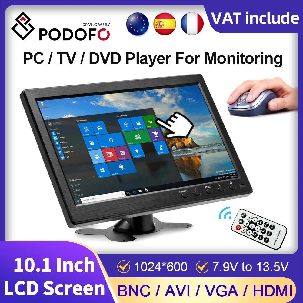 Podofo 10.1 "Monitor Portatile Mini Tv Computer Lcd Schermo Hd Display Ingresso Video Sicurezza Monitor Per Auto Vga Hdmi Avi Pi System