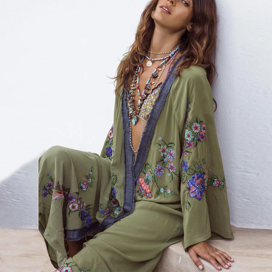 Teelynn Cardigan Lungo Boho Ricamo Floreale Verde Chiaro Bikini Da Spiaggia Coprire Caftano Kimono Robe Camicette Da Donna Allentate Estive
