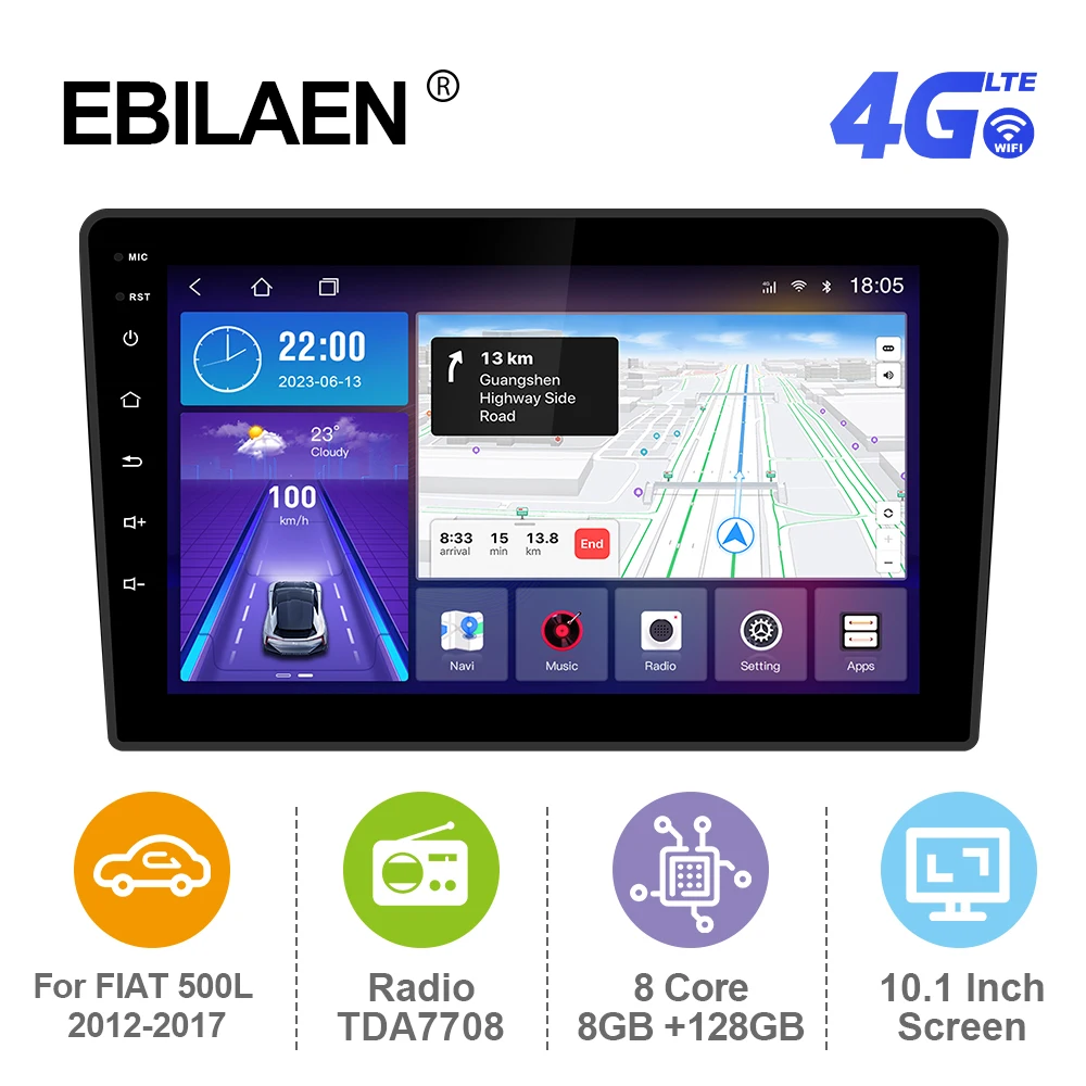 Ebilaen Android 12 Autoradio Per Fiat 500L 2012-2017 2Din Lettore Multimediale Gps Rds Carplay Autoradio Mirror Link 4G Bt Fm