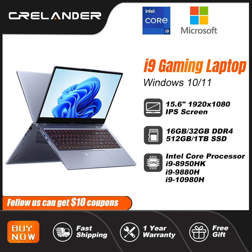 Crelander I9 Laptop 15.6 Pollici Core I9 Processore 8Th/9Th/10Th Gen 32Gb Ram Windows 11 Computer Portatile Da Gioco Computer Portatile Pc Portatile