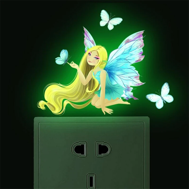 Cartoon Fairy Butterfly Luminoso Wall Sticker Elf Switch Luminoso Sticker Decorazione Della Parete Della Stanza Della Principessa