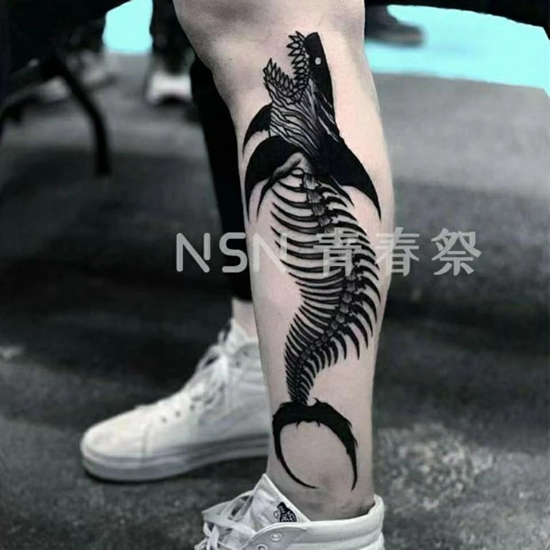 Shark Flower Leg Autoadesivo Del Tatuaggio Temporaneo Impermeabile Vento Scuro Uomo Donna Ossa Nero Bianco Freddo Falso Tatuaggio Arte Tatuagem Adesiv