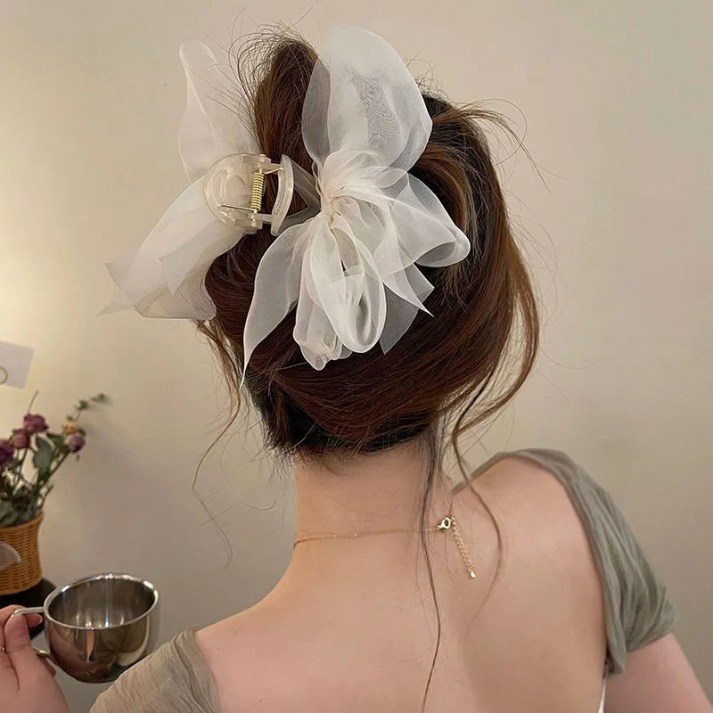 New Sweet Mesh Tulle Big Bow Hair Claw Clips Per Le Donne White Black Bowknot Hair Clamp Hairpin Copricapo Accessori Shark Clip