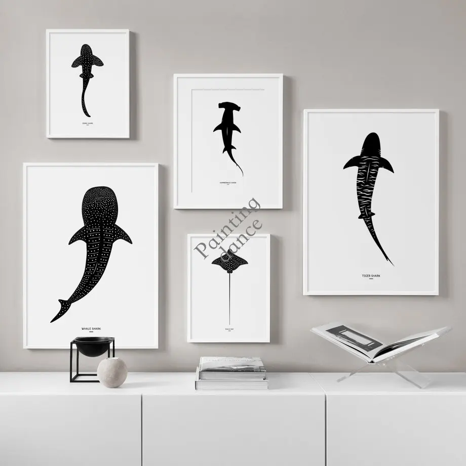 Nero Bianco Marine Life Whale Shark Eagle Ray Nordic Poster Stampe Su Tela Pittura Wall Art Immagini Soggiorno Home Decor