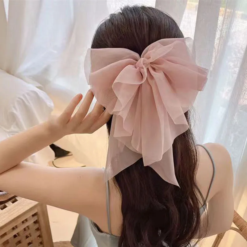 New Sweet Mesh Tulle Big Bow Hair Claw Clips Per Le Donne White Black Bowknot Hair Clamp Hairpin Copricapo Accessori Shark Clip