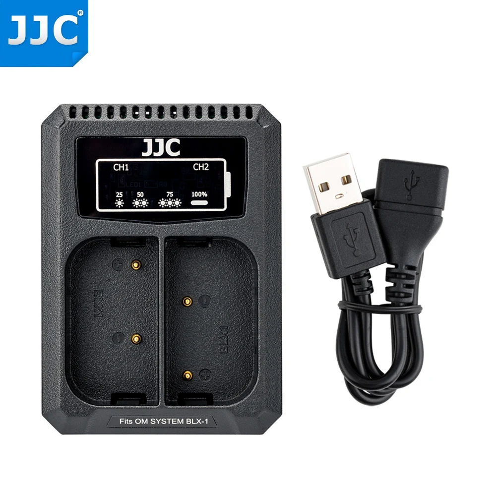 Caricabatteria Jjc Usb Dual Camera Per Fotocamera Olympus Om System Om-1 Con Cavo Di Prolunga 40-Cm-Long Sostituisce Il Sistema Om Bcx-1