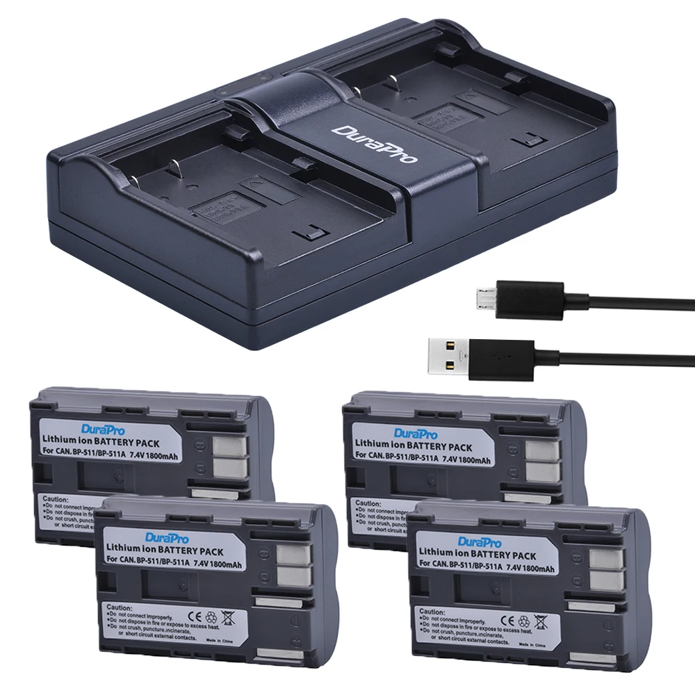 Durapro 1800Mah Bp-511 Bp 511 Bp-511A Batteria + Caricatore Doppio Usb Per Canon Bp-511 Eos 50D 40D 30D D60 D30 5D Mv300I