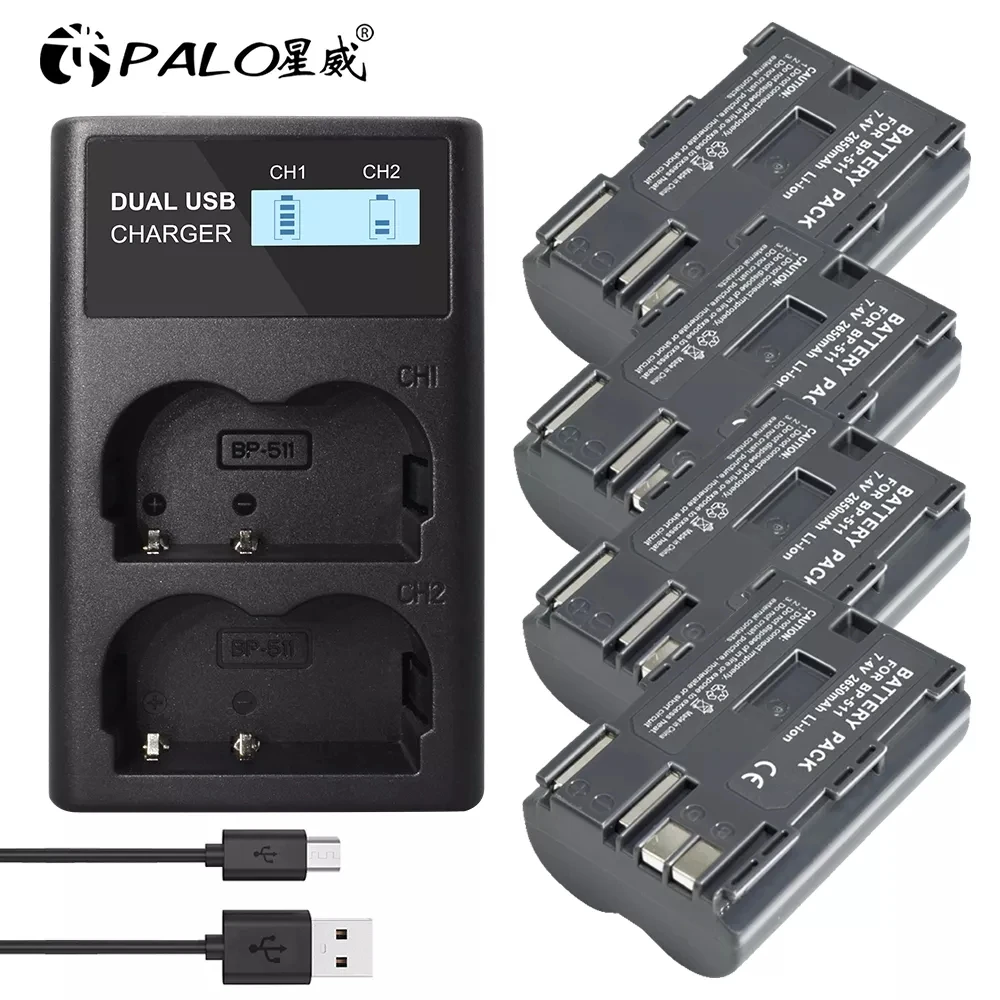 Palo Bp-511-B 7.4V 2650Mah Bp-511 Bp 511 511 Bp511 Bp511A Batteria + Caricabatterie Usb Lcd Per Fotocamera Canon Eos 40D 300D 5D 20D 30D 50D