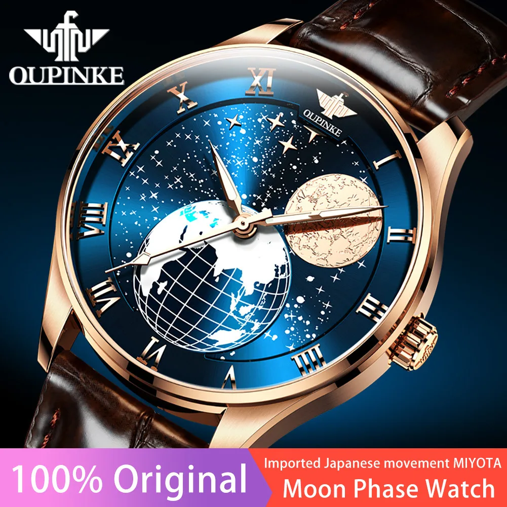 Oupinke Moon Phase Watch For Men Orologio Da Polso Meccanico Automatico Da Uomo Luxury Brand Sapphire Mirror Moonswatch Relogio Masculino