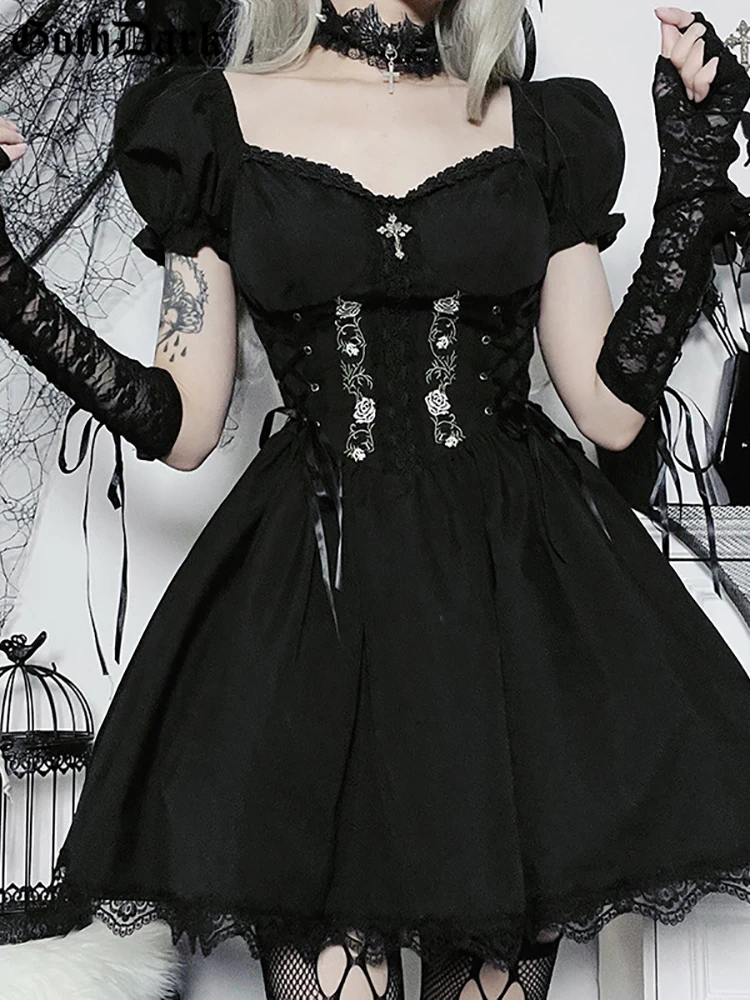 Goth Dark Lolita Mall Gothic A-Line Kwaii Mini Abiti Grunge Style Black Bandage Corsetto Dress Women Emo Ricamo Alt Clothes
