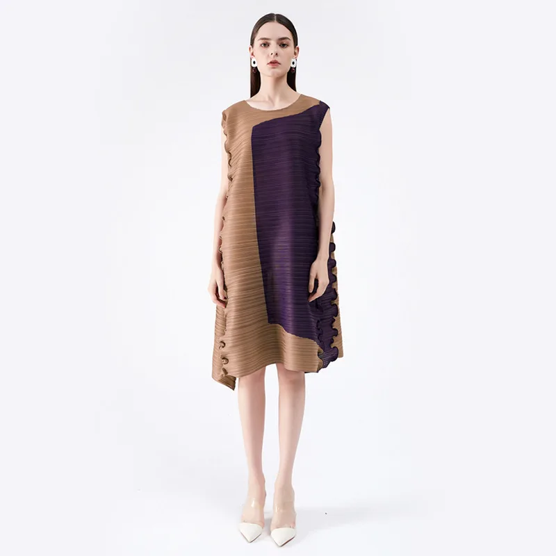 Abito Di Media Lunghezza Pieghettato Miyake Per Donna, Gonna A Contrasto Senza Maniche, Sciolto Ed Elegante, Punto Ebay, Estate 2022
