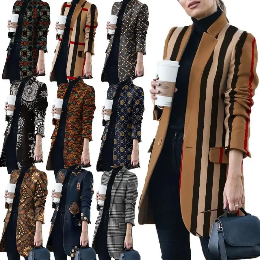2023 Express Amazon Ebay Outwear Autunno Inverno Soprabito Nuova Moda Europea Americana Stampata Colletto Alla Coreana Cappotto Di Lana Donna