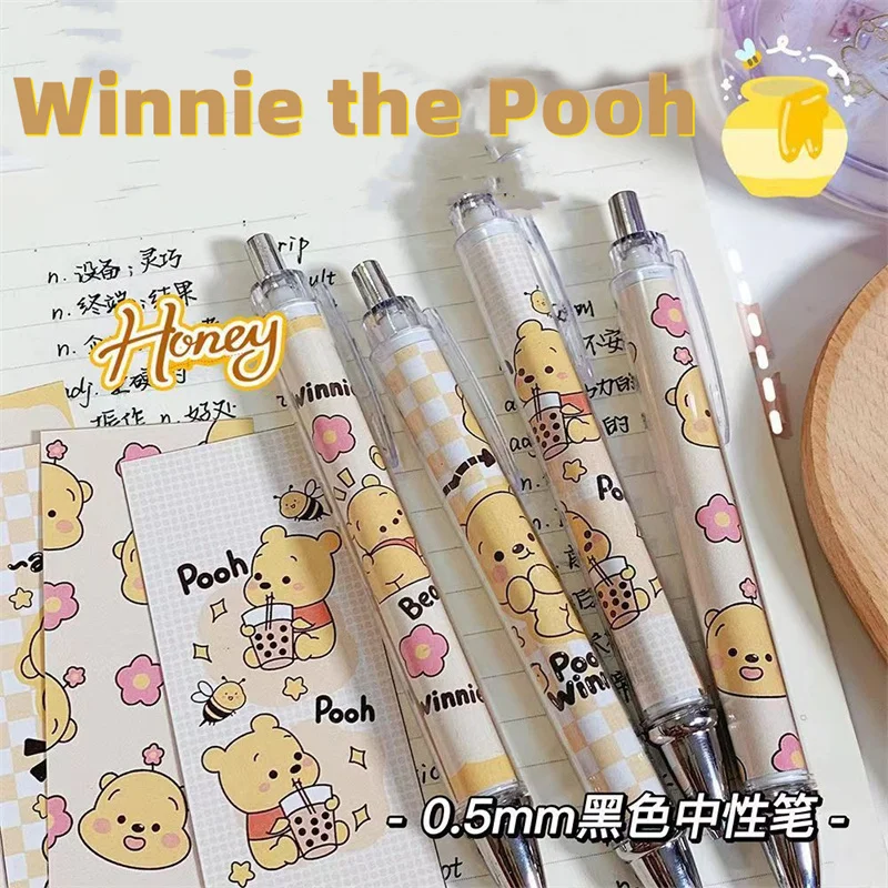 Nuovo Anime Disney Winnie The Pooh Pen Kawaii Pooh Gel Press 0.5Mm Black Pen Cartoon Student Stationery Signature Pen Toy Gifts