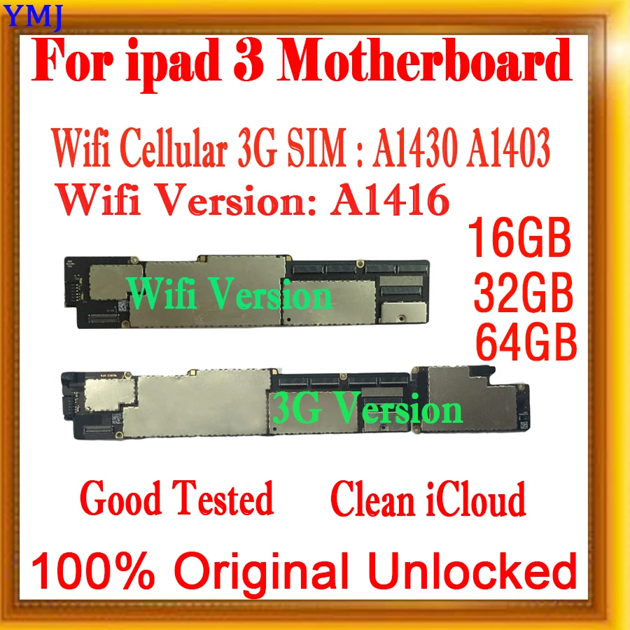 Pulisci Icloud Per Scheda Madre Ipad 3, Sbloccato Originale Per Scheda Madre Ipad 3 Con Chip Completi, Versione Wifi /3G 16Gb / 32Gb / 64Gb