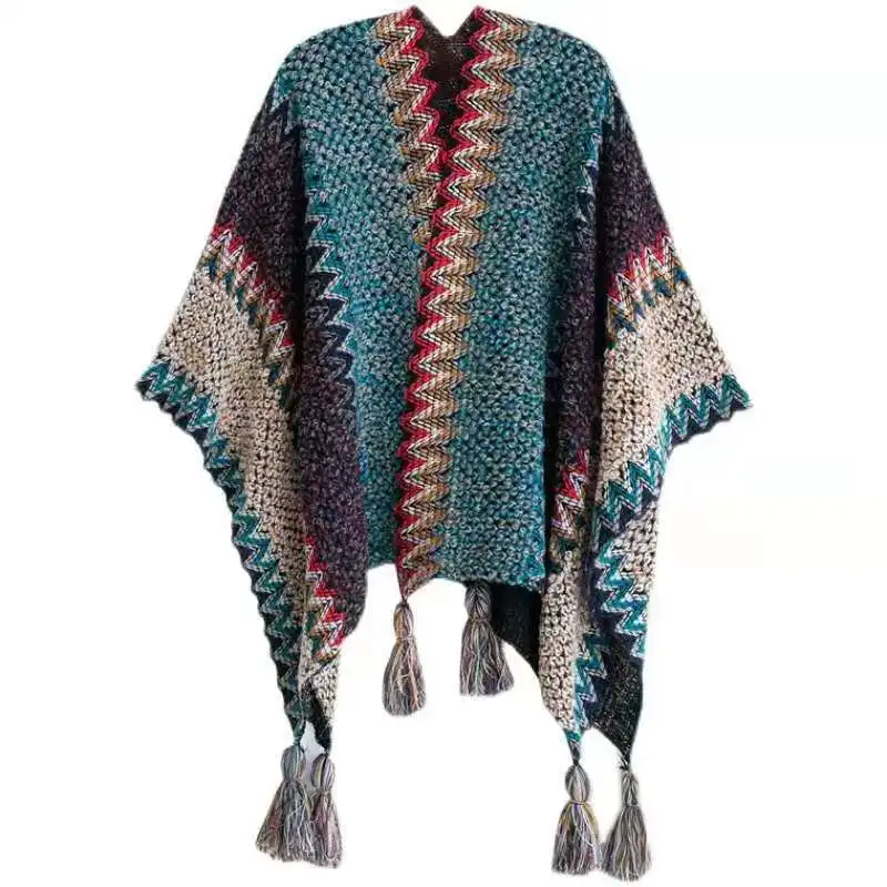 Pullover Con Frange In Nappa Lavorata A Zig-Zag Da Donna Poncho Maglione Scialle Wrap Nappe Mantello Top Stripe Cape Cardigan Coat Stole