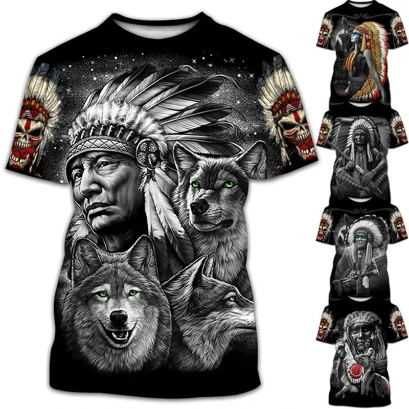 Maglietta Estiva Da Uomo Sketch Indian Chief Multicolor O-Collo Tee Shirt American Native Tribal Spirit 3D Magliette Uomo Donna Abbigliamento