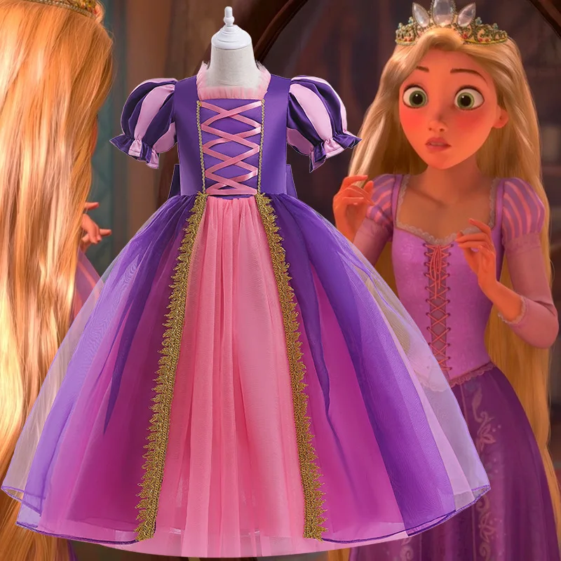 New Disney Girl Princess Rapunzel Dresses Formal Little Girl Dress Capelli Lunghi Princess Mesh Puff Sleeve Clothes