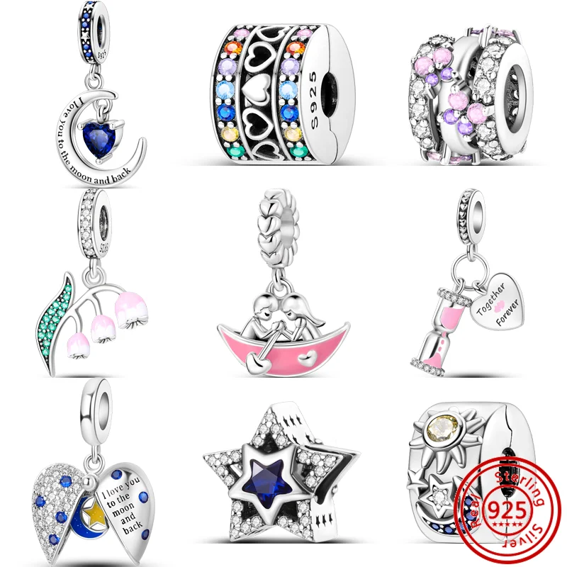 925 Silver Love Star Moon Back Sun Time Clessidra Ciondola Charm Zircone Colorato Clip Beads Fit Original Pandora Bracciali Gioielli