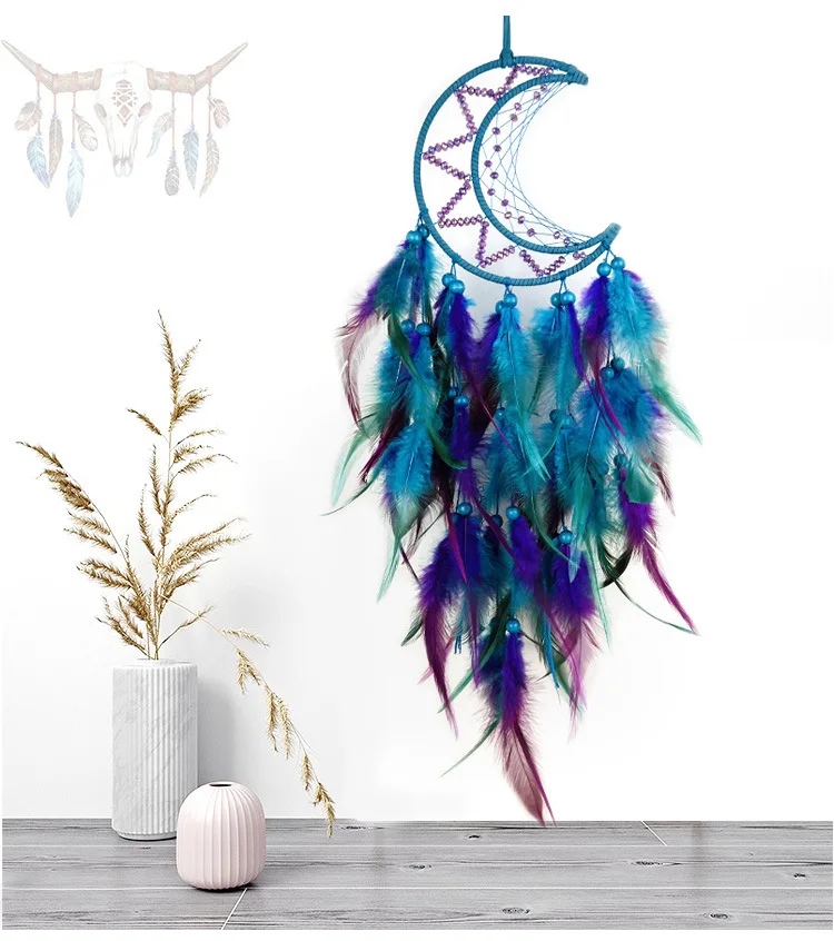 Fatto A Mano Moon Dreamcatcher Hanging Indian Dreamcatcher Ciondolo Fai Da Te Intrecciato A Mano Wind Chime Feather Ornament Pendant Home Decor
