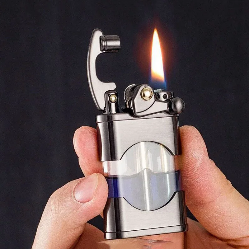 Zorro Rocker Accendino A Cherosene Serbatoio Del Carburante Trasparente Metallo Retro Mola Accendino Visual Fuel Tank Lighter Regalo Da Uomo
