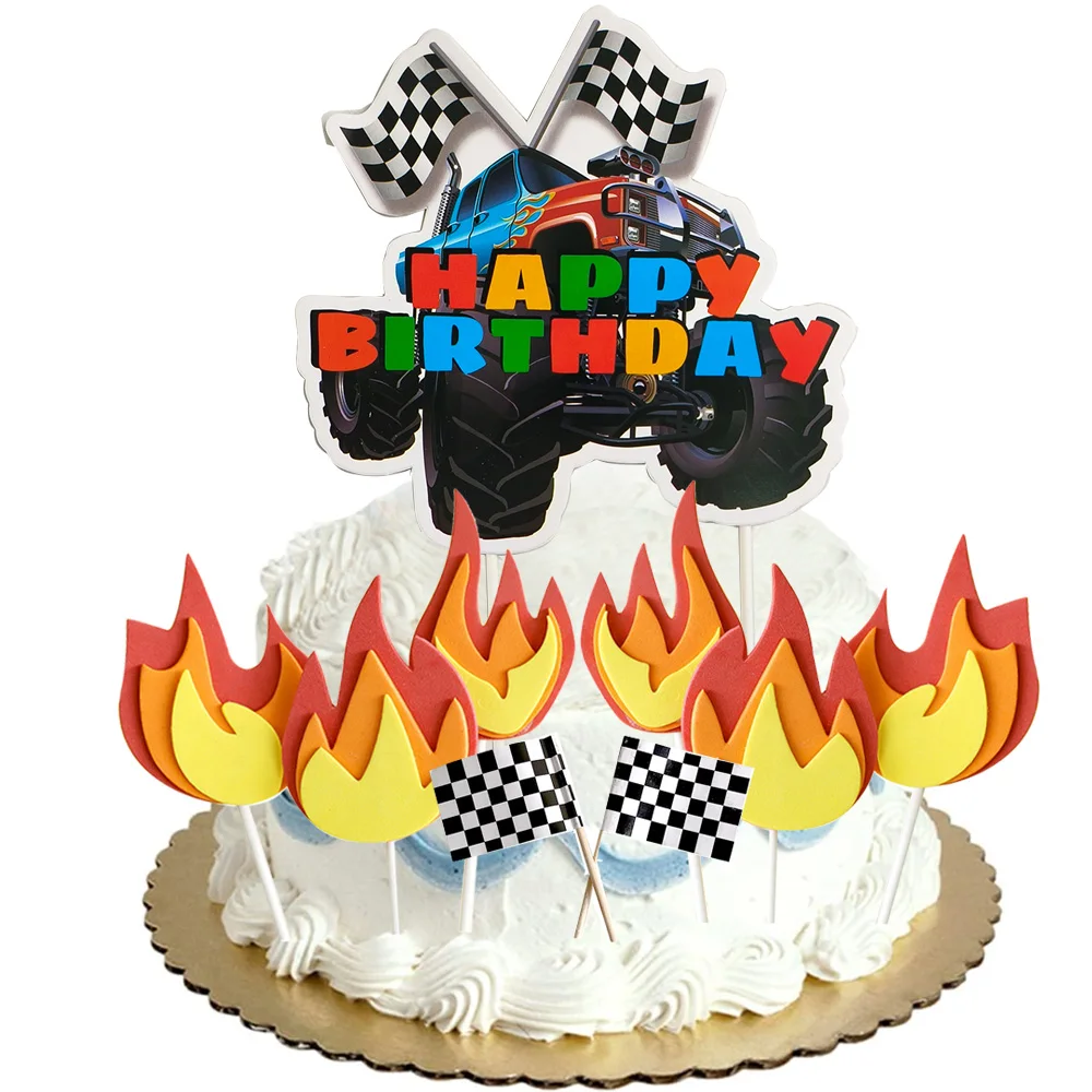 Monster Truck Happy Birthday Cake Topper Racing Car Bandiera A Scacchi In Bianco E Nero Cake Decor Monster Truck Party Supplies