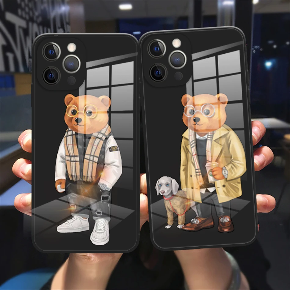 Cute Bear Fashion Brand Cover Protettiva Per Iphone 11 12 13 14 15 Pro Max X Xr Xsmax 14 15 Plus Custodia In Vetro Temperato Nero
