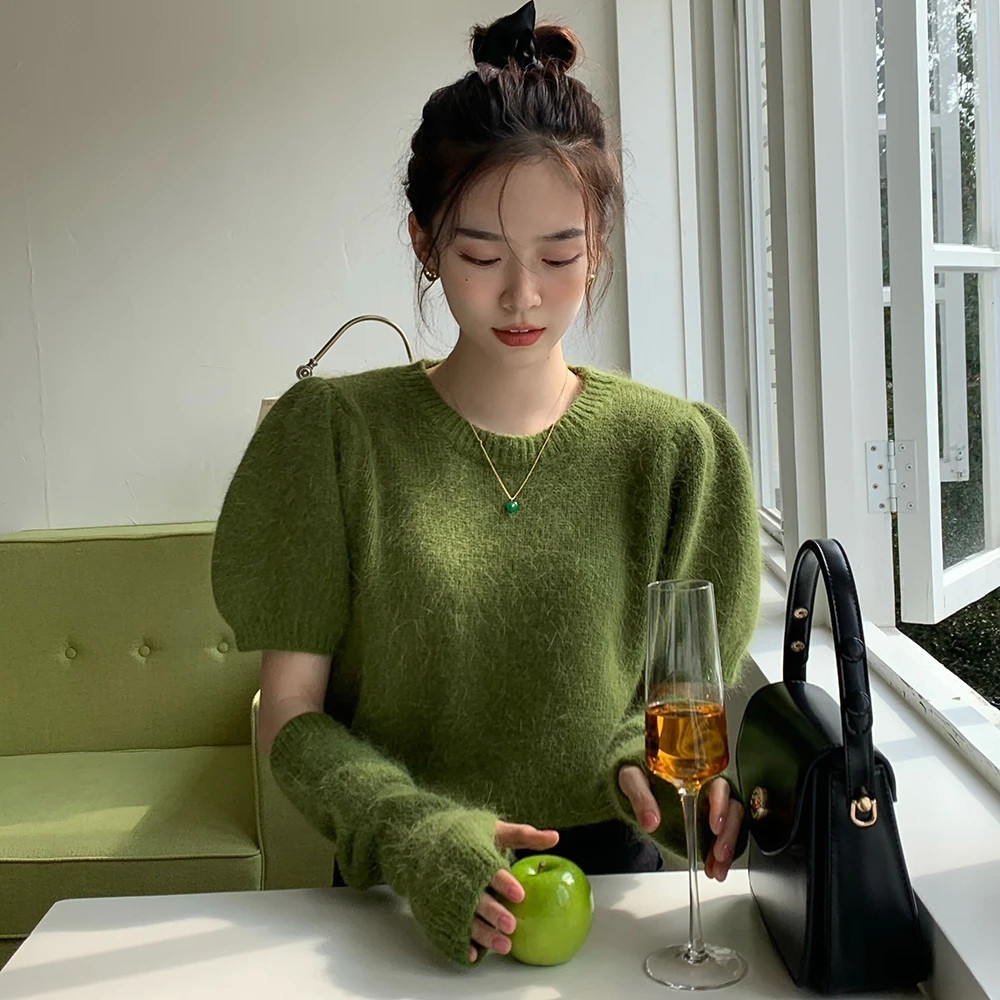 Pullover Da Donna Coreano A Maglia Slim Chic, Maglioni Corti In Velluto Matcha Coniglio Verde, Top Da Donna Con Colletto Tondo, Primavera