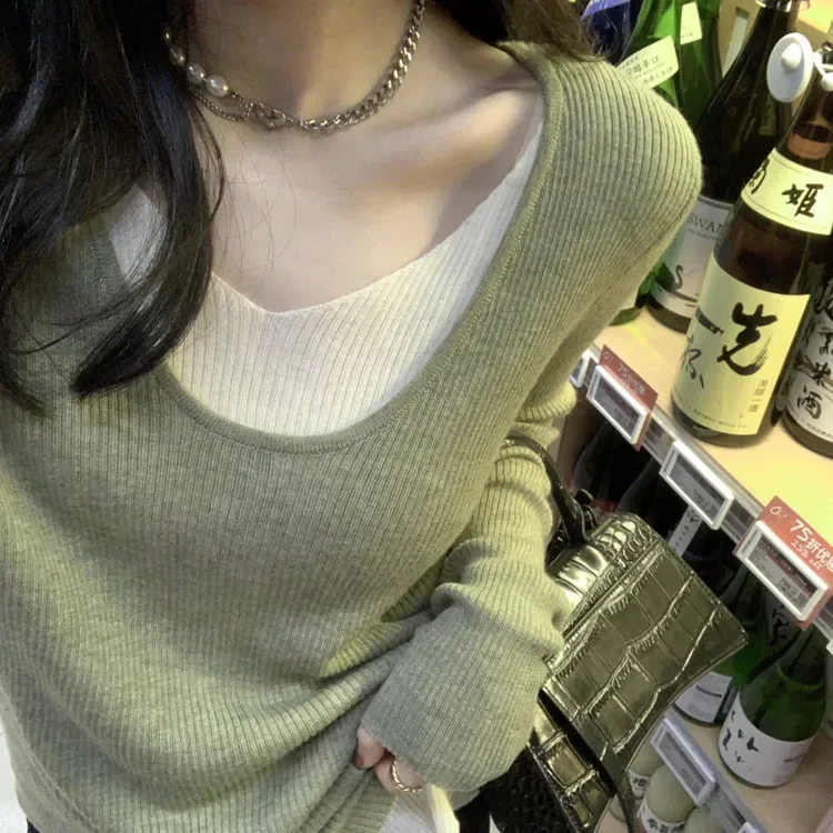 Maglione Con Ago Verde Matcha Camicie A Due Fondo Da Donna Design Sense Nicchia Slim All'Interno Con T -Shirt Superiore A Maniche Lunghe