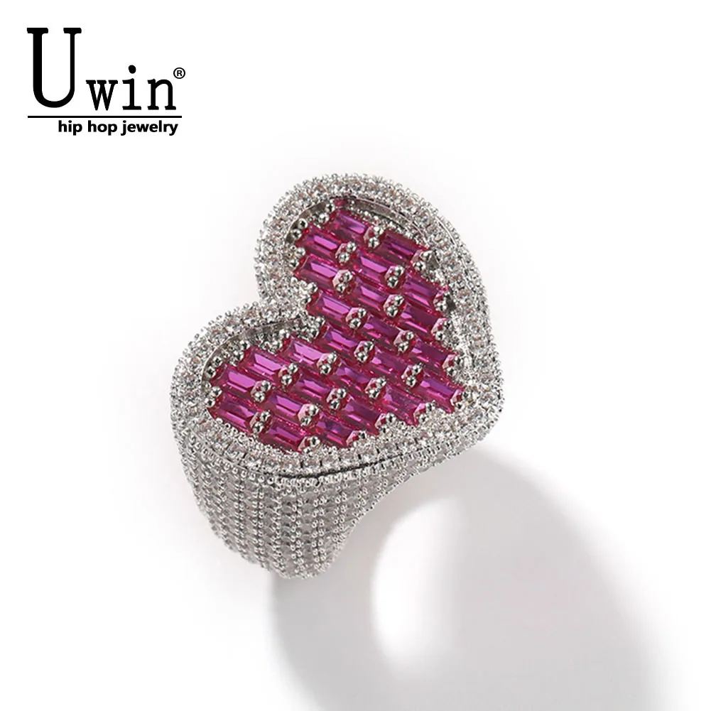 Uwin Heart Rings Wide Big Baguette Full Paved Out Square Cubic Zirconia Hiphop Ring Delicati Gioielli Punk Per Uomini E Donne